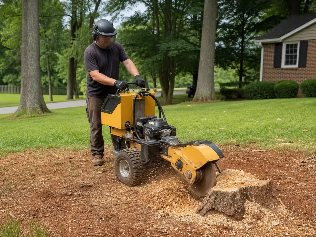 Stump grinding in a residential lawn